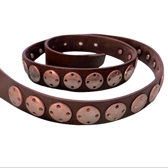 Calvin Klein Mens Brown Leather Round Siver Button Studded Belt.  Size Large - Picture 1 of 8